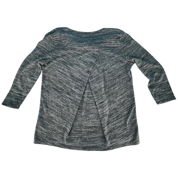 Heathered Split Back Knit Top Cowl Neck 3/4 Sleeve Blue Gray - Picture 5 of 16